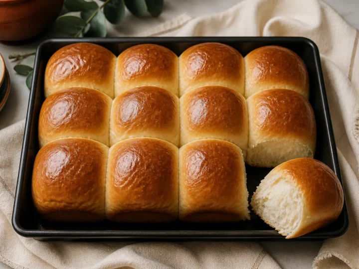 Zwölf goldbraune weiche Pav-Brötchen in einer dunklen Backform mit sichtbarer fluffiger Krume