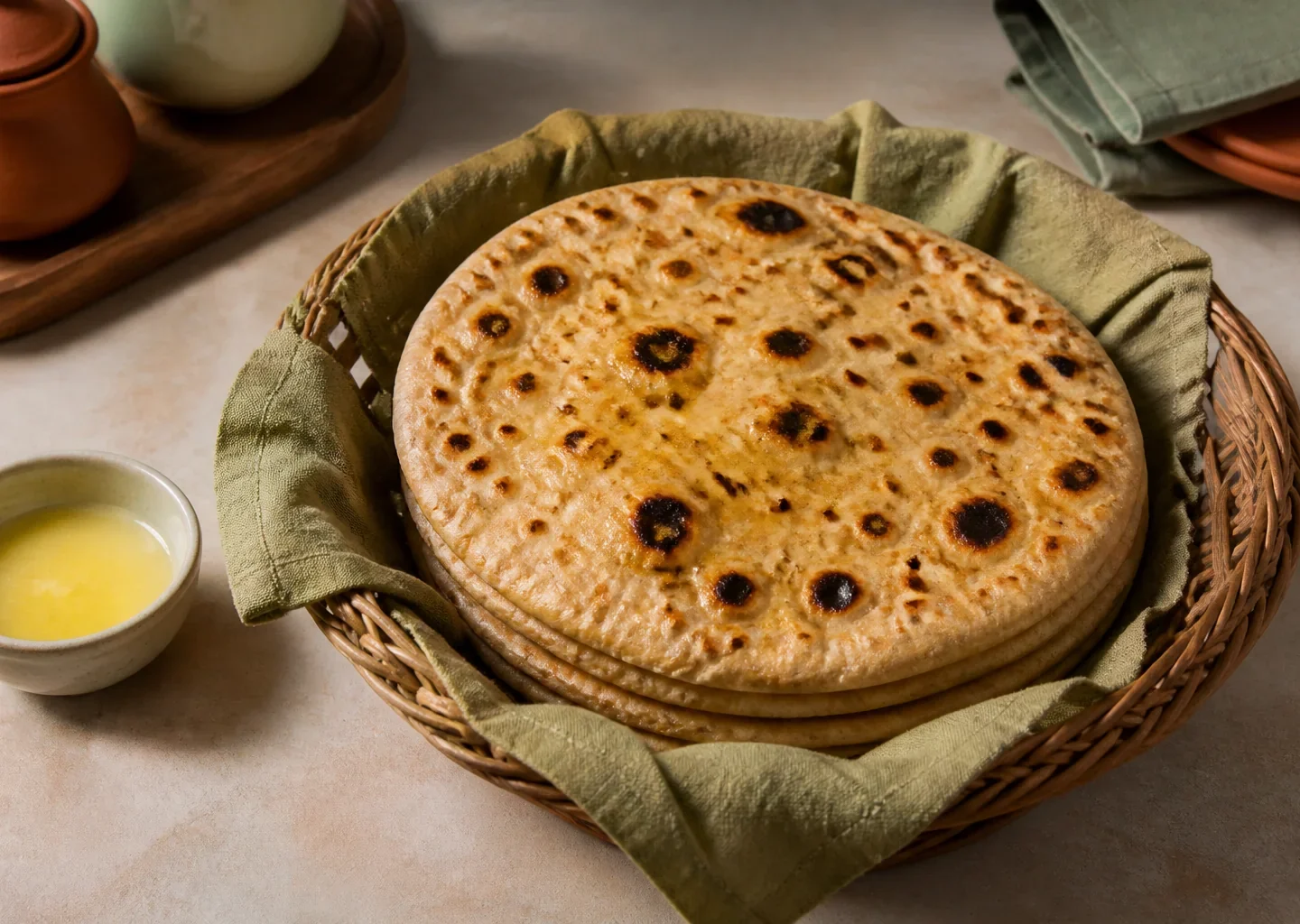 Rustikale Roti mit kräftigen Röstflecken und leichtem Ghee-Glanz in einem Brotkorb