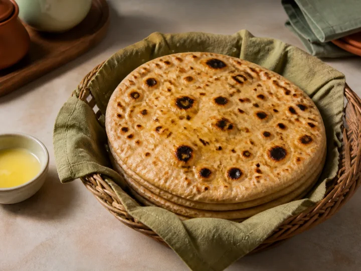 Rustikale Roti mit kräftigen Röstflecken und leichtem Ghee-Glanz in einem Brotkorb