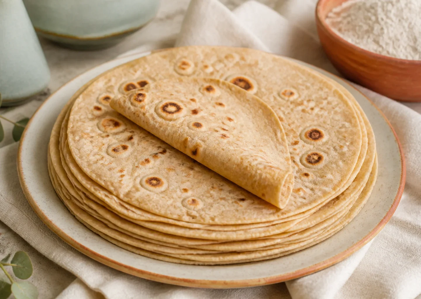 Stapel weicher dünner Chapati mit braunen Backflecken auf einem hellen Teller
