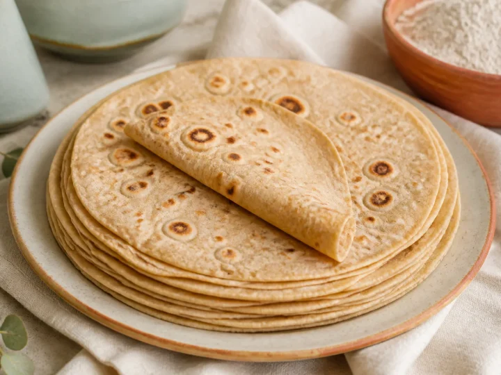 Stapel weicher dünner Chapati mit braunen Backflecken auf einem hellen Teller