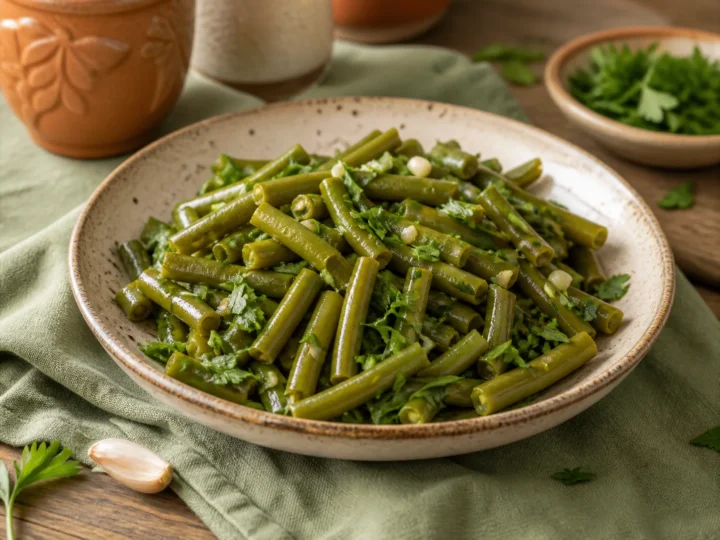 Syrische grüne Bohnen mit Olivenöl, Knoblauch und Koriander