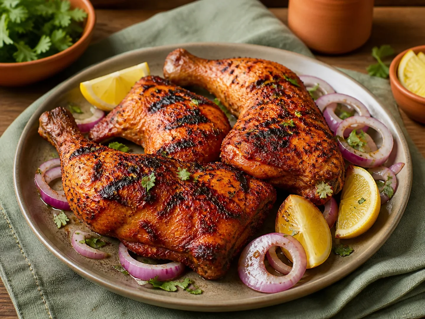 Tandoori-Hähnchen mit rotgoldener Gewürzkruste, Zitrone und Zwiebeln