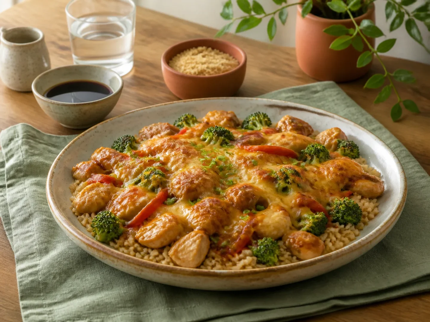 Teriyaki-Hähnchen-Auflauf, fertig angerichtet auf einem Teller