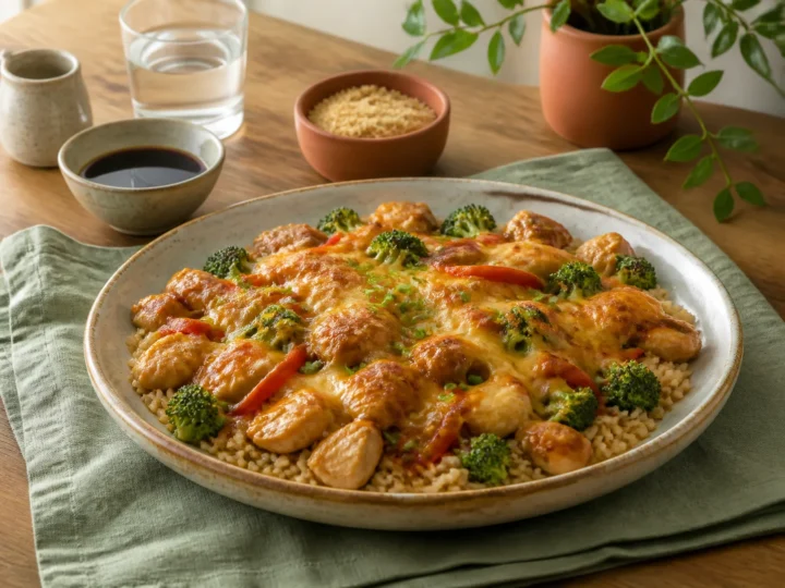 Teriyaki-Hähnchen-Auflauf, fertig angerichtet auf einem Teller