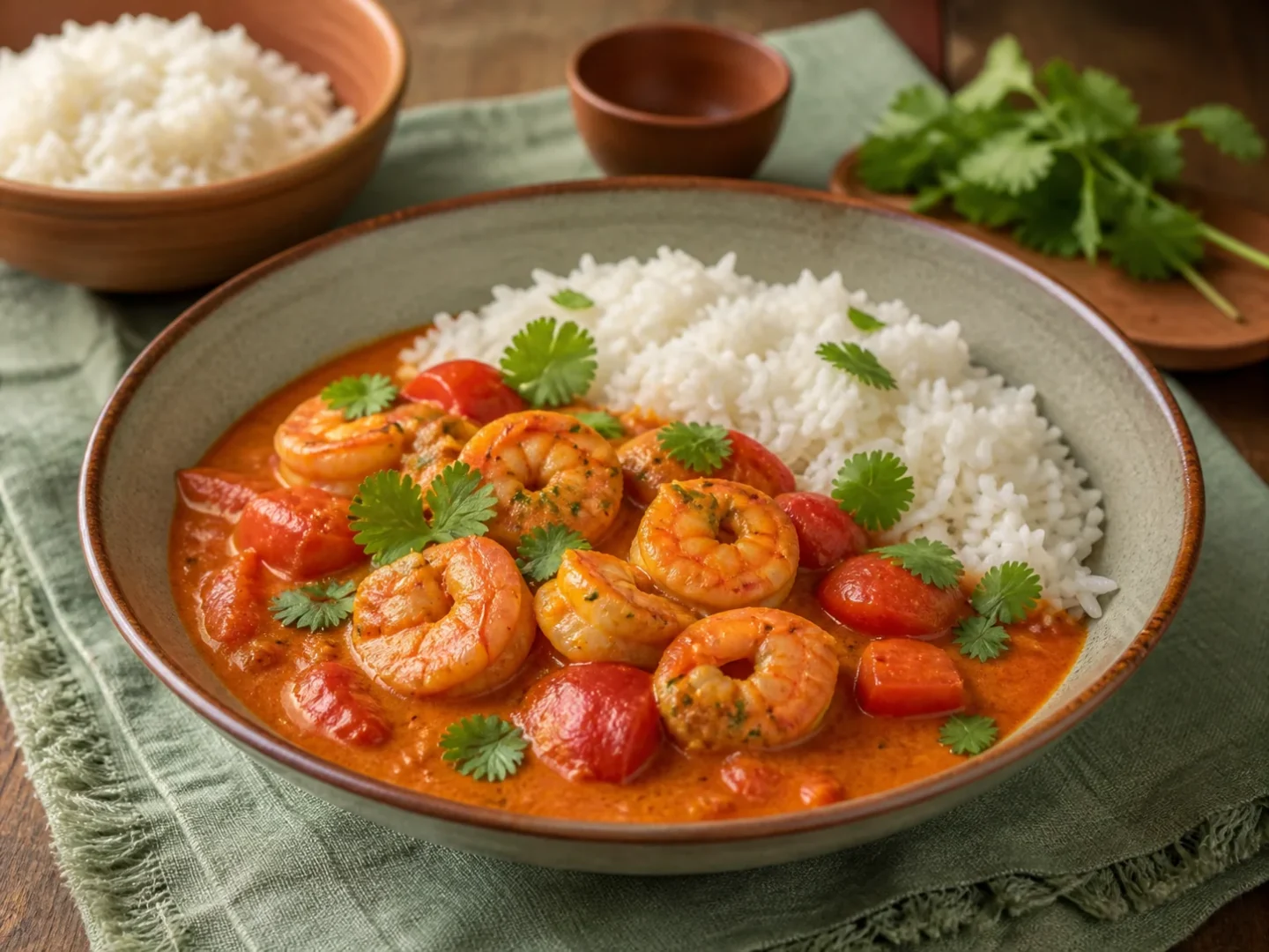 Rotes Thai-Curry mit Garnelen, Tomaten, Koriander und Jasminreis