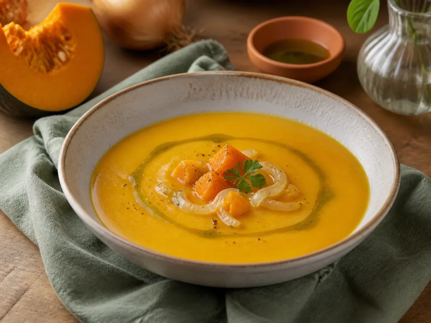 Thailändische Kürbissuppe, fertig angerichtet auf einem Teller