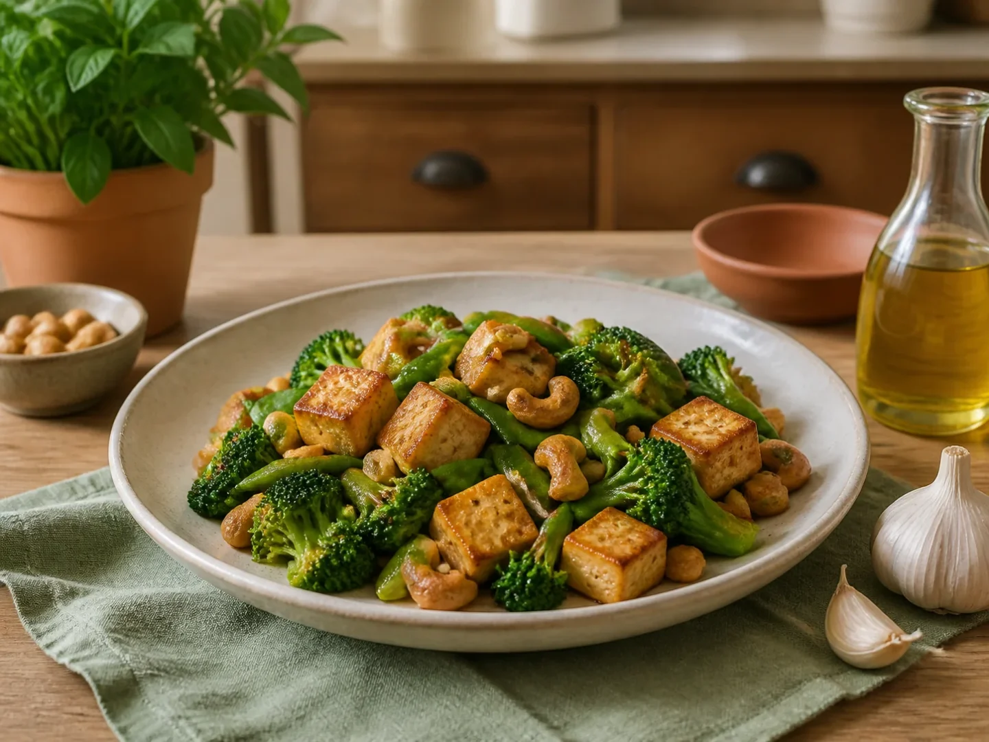 Tofu-Cashew-Wok mit grünem Gemüse, fertig angerichtet auf einem Teller