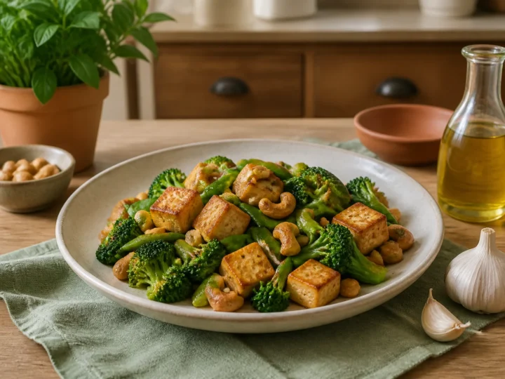 Tofu-Cashew-Wok mit grünem Gemüse, fertig angerichtet auf einem Teller