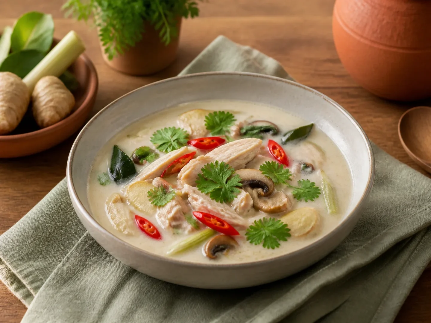 Tom Kha Gai Hühnersuppe, fertig angerichtet auf einem Teller