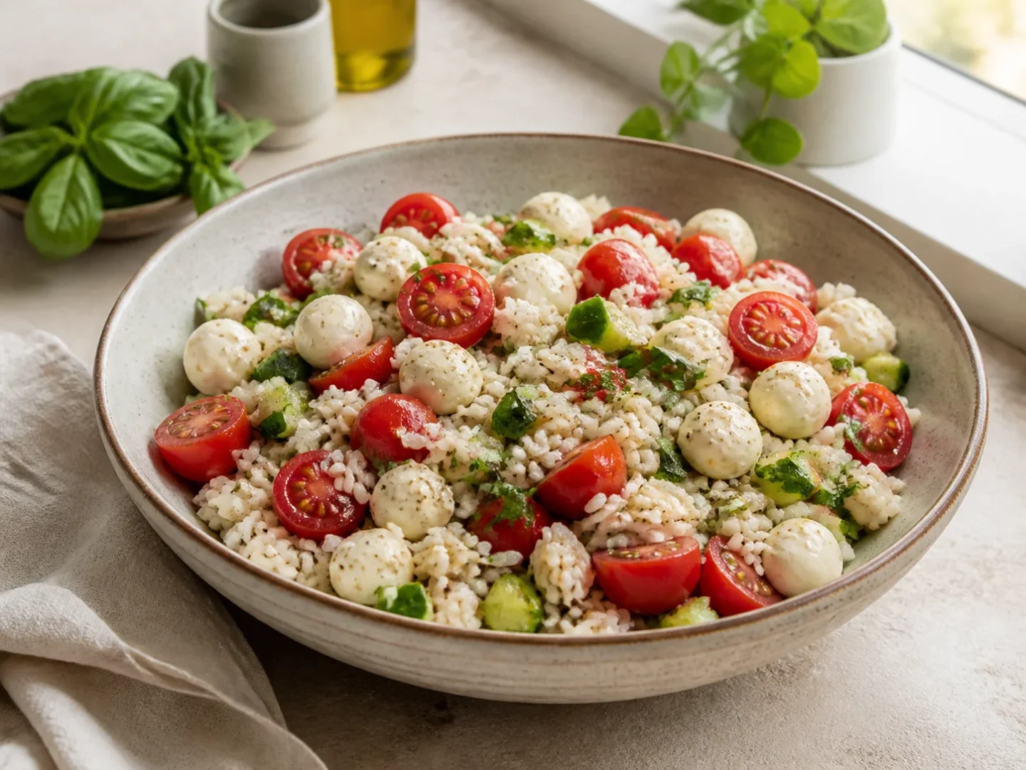 Bunter Reissalat mit Cherrytomaten, Gurke, Mozzarella und Basilikum