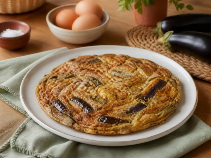 Tortang Talong Auberginen-Omelett, fertig angerichtet auf einem Teller