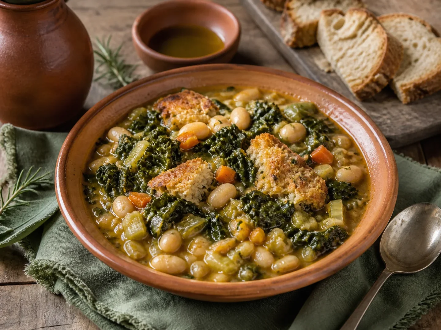 Toskanische Ribollita mit weißen Bohnen, Grünkohl und geröstetem Brot