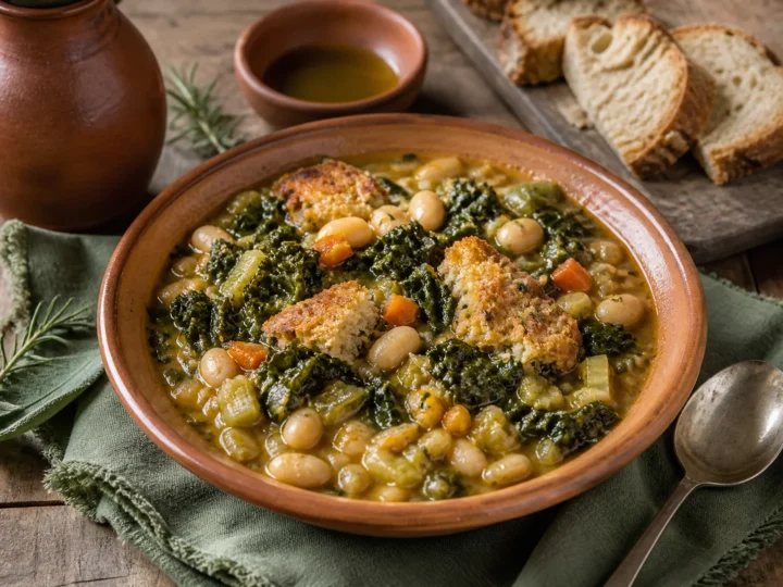 Toskanische Ribollita mit weißen Bohnen, Grünkohl und geröstetem Brot