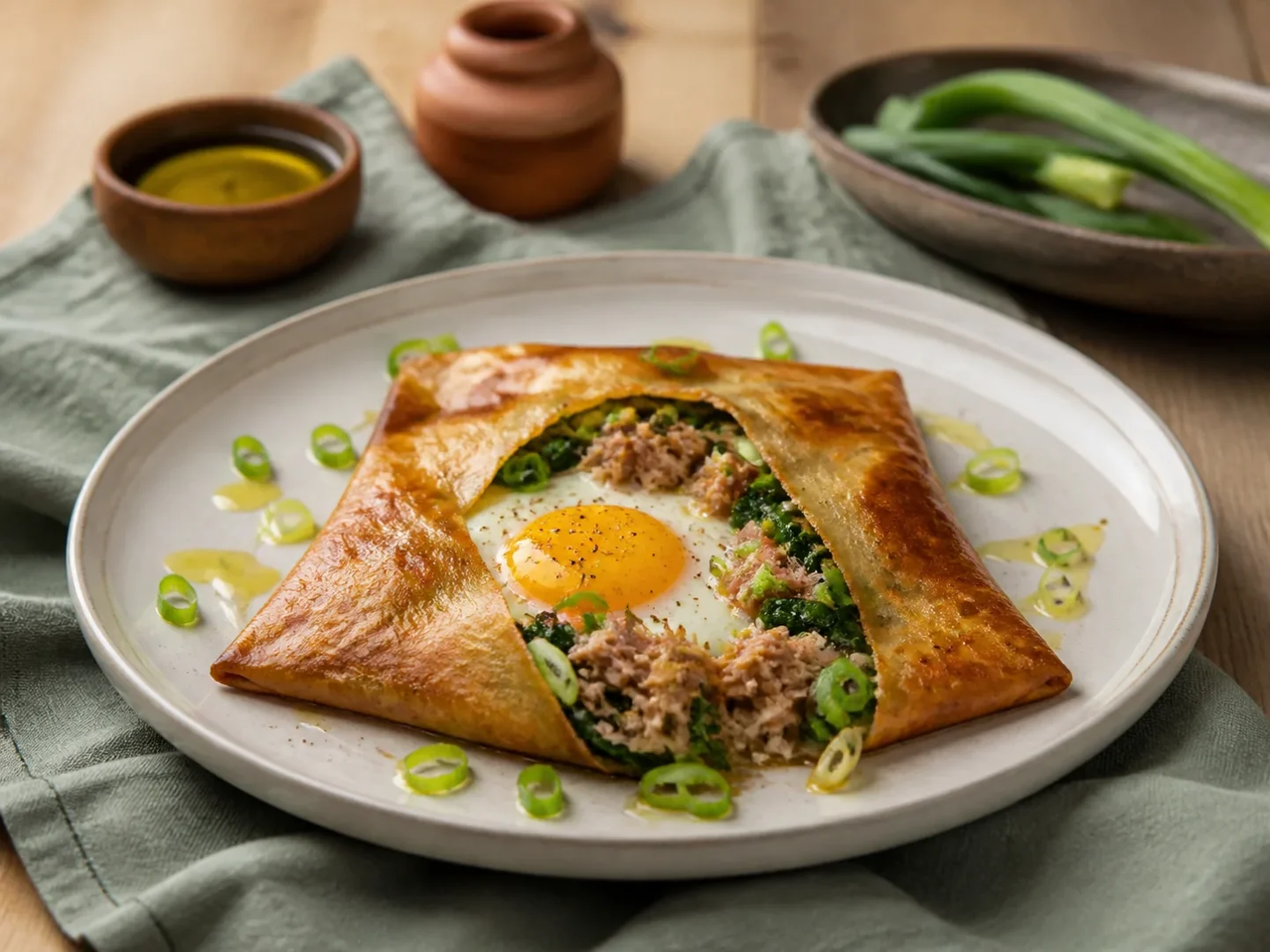 Tunesische Brik mit Thunfisch und Ei, fertig angerichtet auf einem Teller