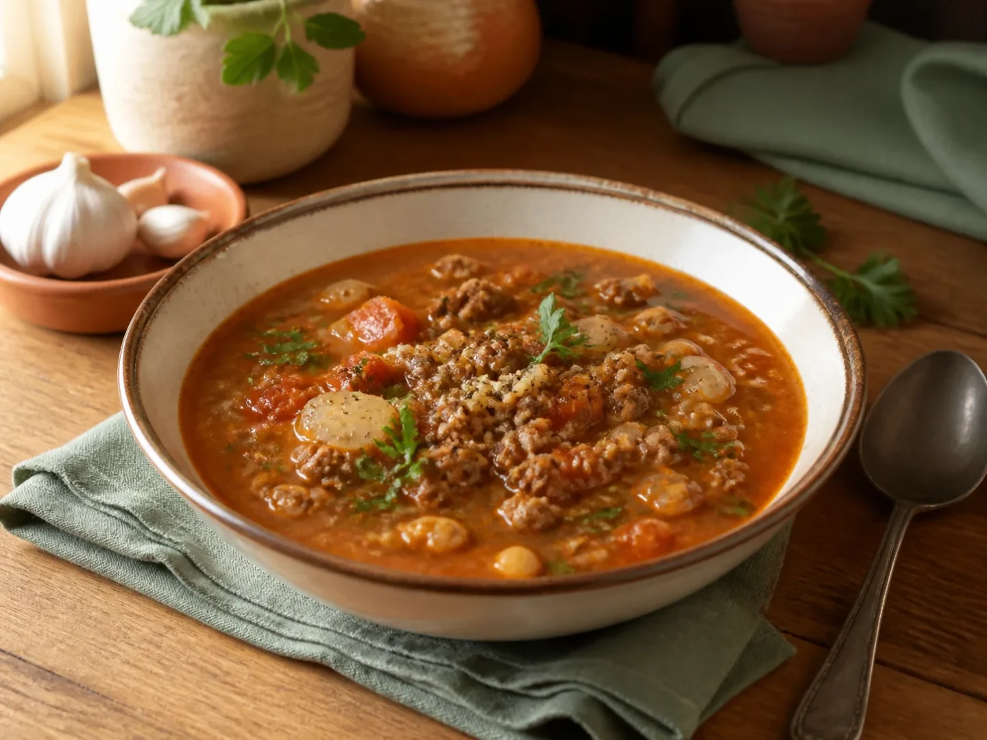 Tunesische Lammsuppe, fertig angerichtet auf einem Teller