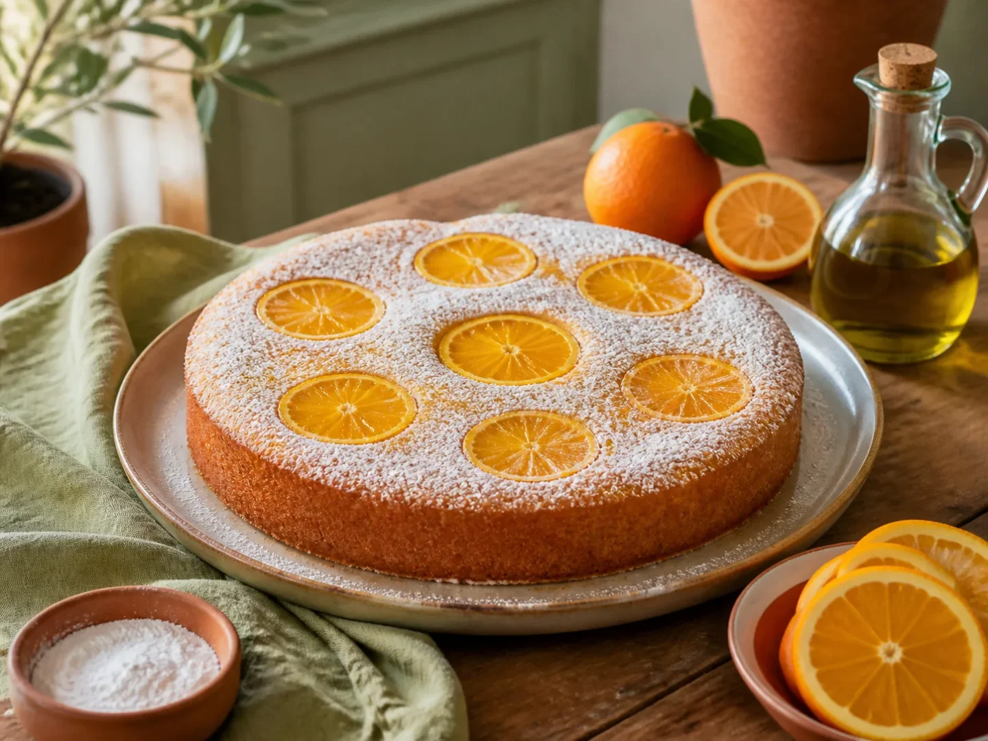 Tunesischer Orangenkuchen, fertig angerichtet auf einem Teller