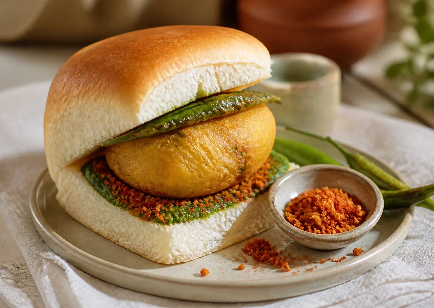 Vada Pav mit knuspriger Kartoffel-Vada, Chutney und grüner Chili