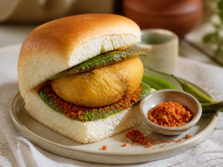 Vada Pav mit knuspriger Kartoffel-Vada, Chutney und grüner Chili