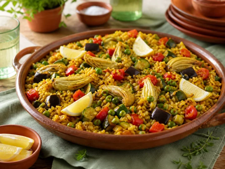 Vegane Fenchel-Auberginen-Paella mit Paprika, Zucchini, Erbsen und Zitrone