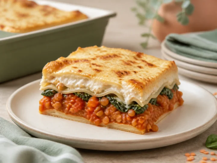 Stück vegane Linsen-Lasagne mit Spinat und cremiger pflanzlicher Sauce