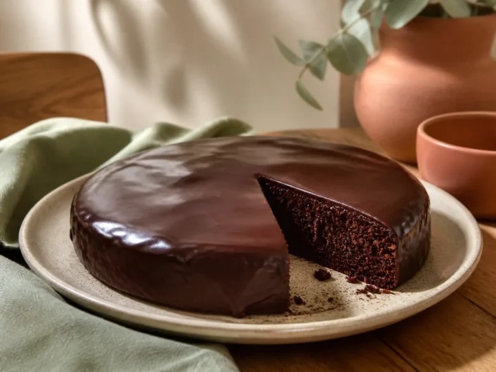 Saftiger veganer Schokoladenkuchen mit dunkler Glasur und angeschnittenem Stück