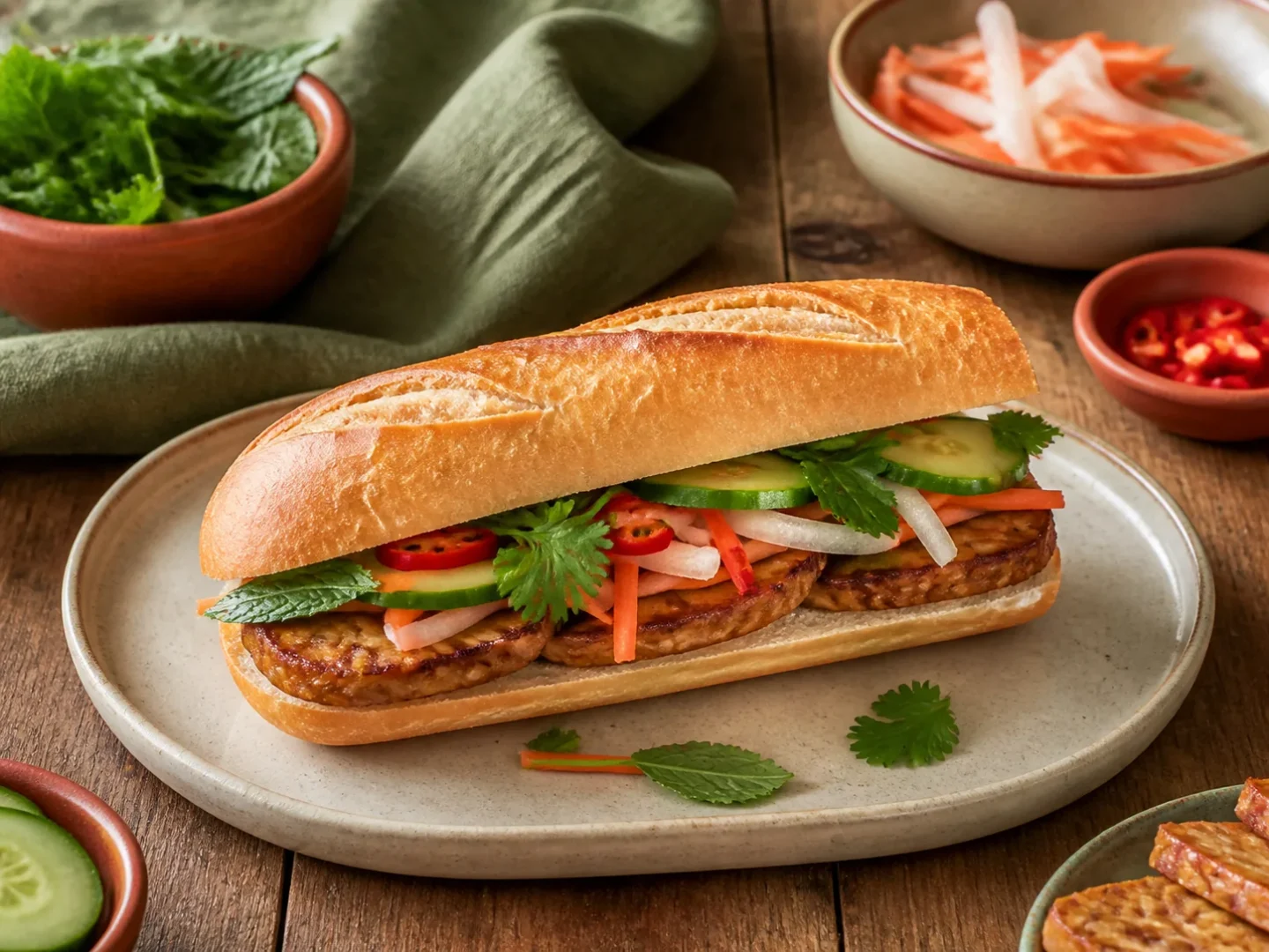 Veganes Bánh mì mit Tempeh, eingelegtem Gemüse, Koriander und Minze