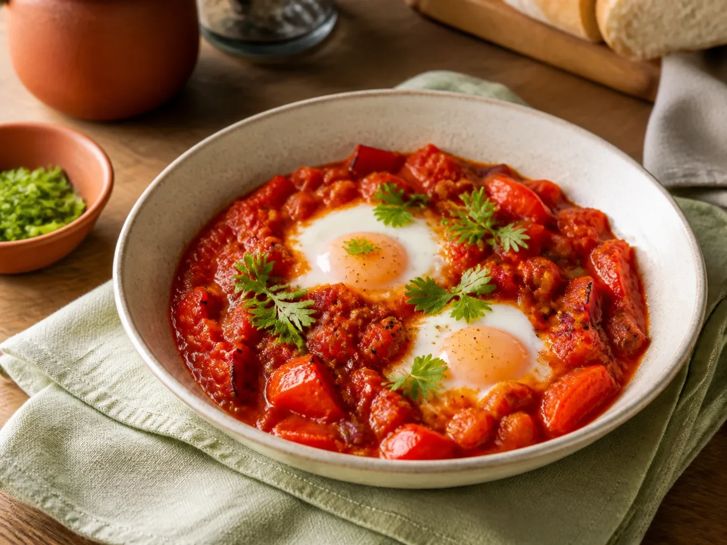 Vegetarische Shakshuka, fertig angerichtet auf einem Teller