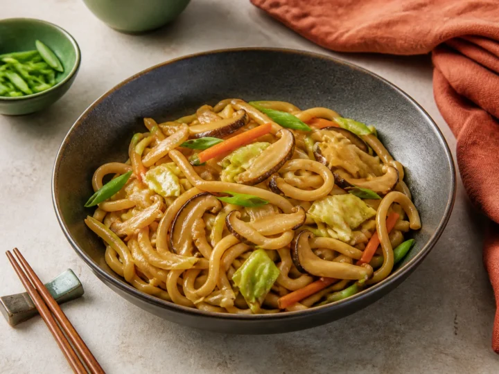 Vegetarische Yaki Udon mit Spitzkohl, Shiitake und Frühlingszwiebeln