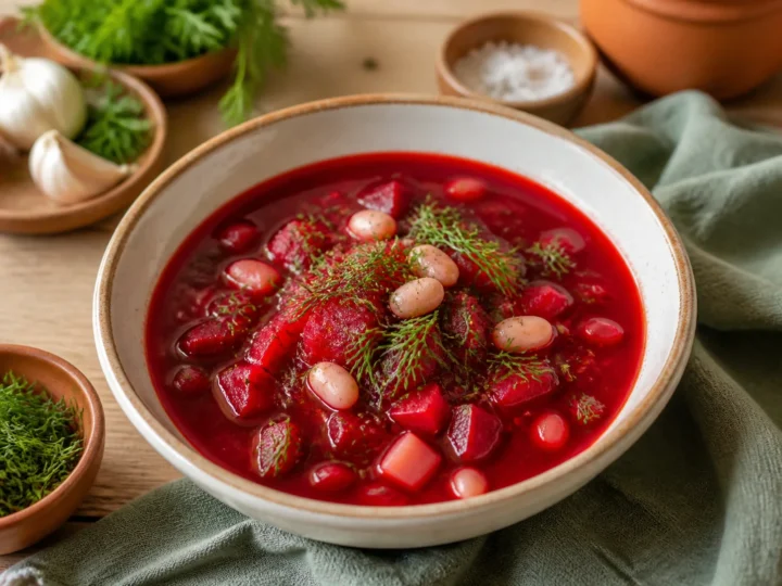 Vegetarischer Borschtsch mit Roter Bete, Kartoffeln, weißen Bohnen und Dill