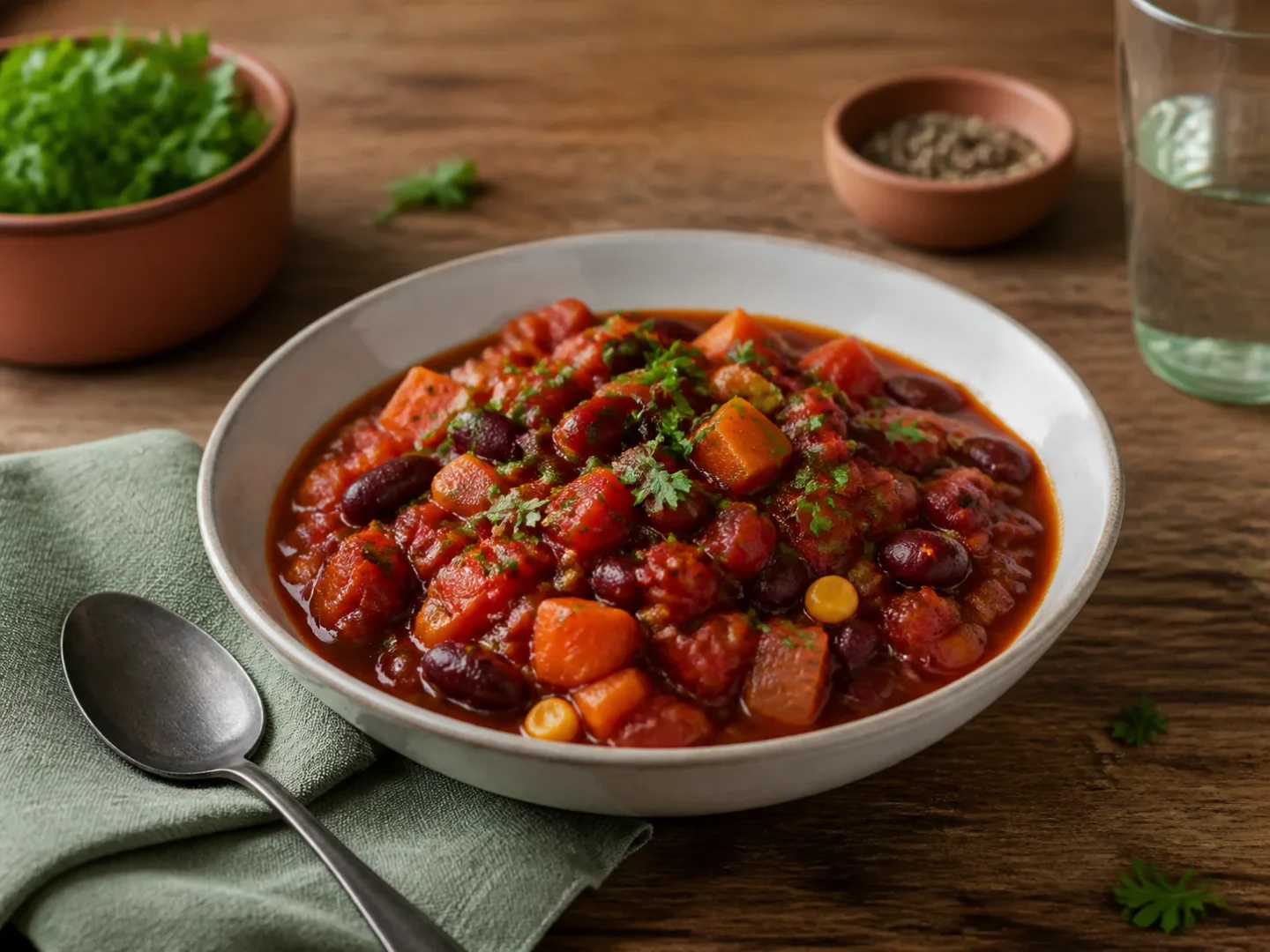 Vegetarisches Chili, fertig angerichtet auf einem Teller