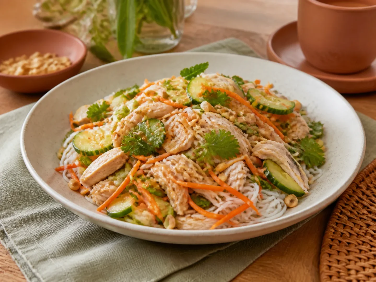 Vietnamesischer Hähnchensalat, fertig angerichtet auf einem Teller