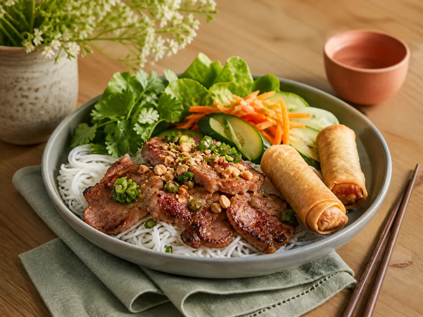 Vietnamesisches Grillfleisch Bún Thịt Nướng, fertig angerichtet auf einem Teller