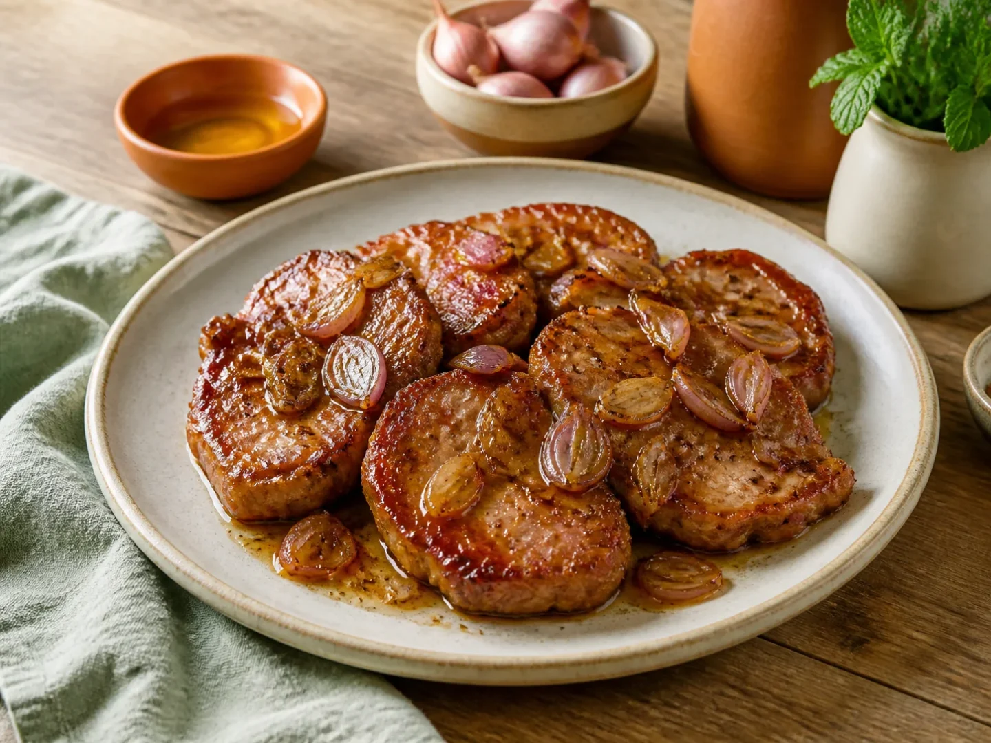 Vietnamesisches Karamell-Schweinefleisch, fertig angerichtet auf einem Teller