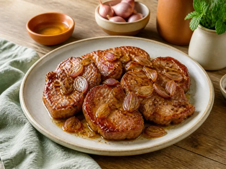 Vietnamesisches Karamell-Schweinefleisch, fertig angerichtet auf einem Teller
