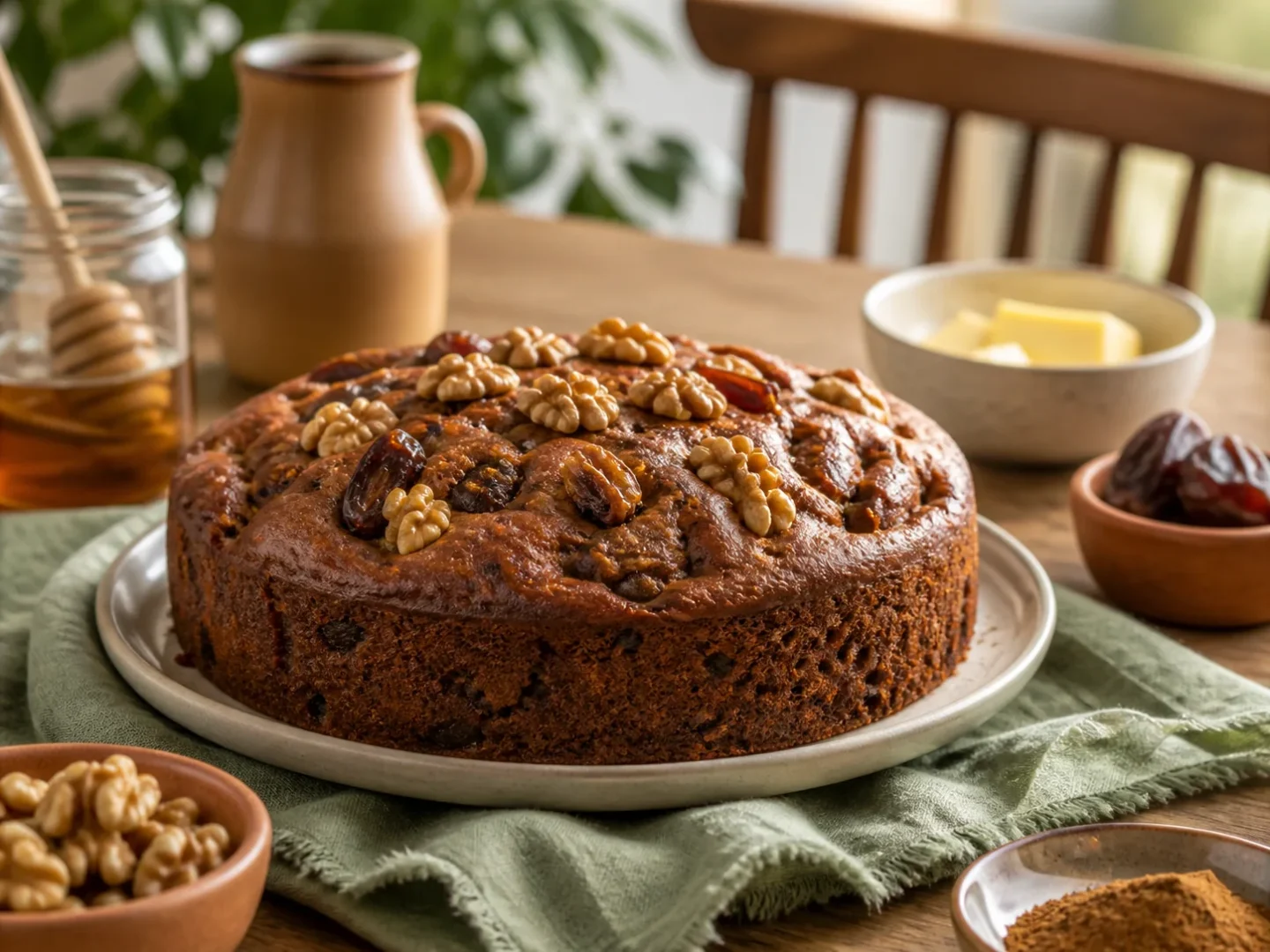 Walnuss-Dattel-Honig-Kuchen, fertig angerichtet auf einem Teller