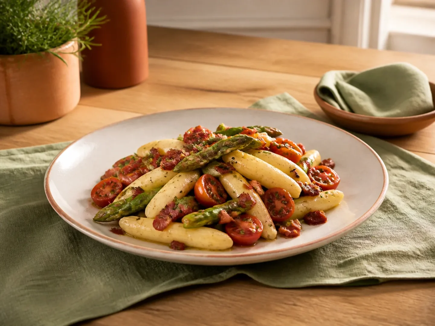 Warmer Ofenspargelsalat mit Speck, fertig angerichtet auf einem Teller