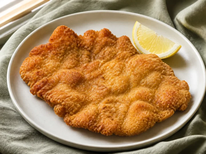 Goldbraunes Wiener Schnitzel mit welliger Panade und Zitronenspalte