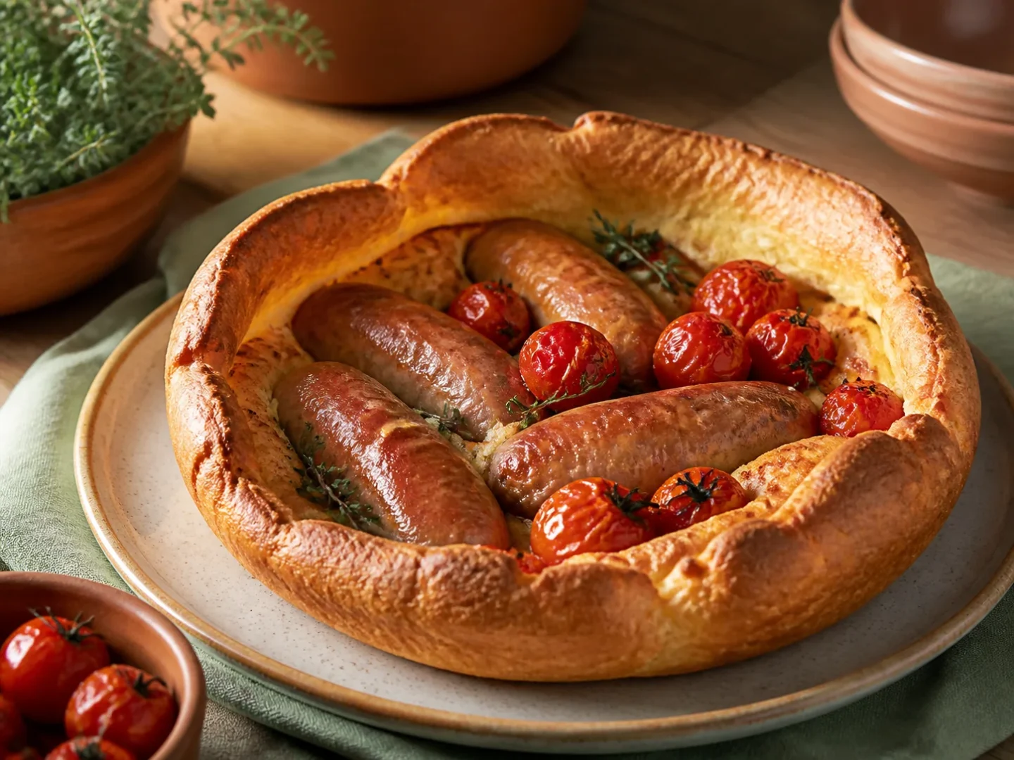 Bratwürstchen im goldenen Yorkshire-Pudding mit gerösteten Cherrytomaten