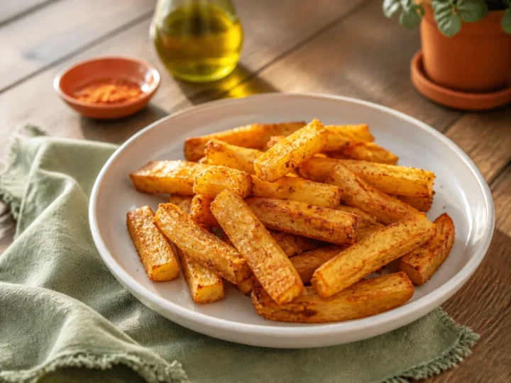 Yuca-Pommes aus dem Ofen, fertig angerichtet auf einem Teller