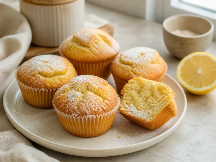 Helle Zitronen-Joghurt-Muffins mit feinem Puderzucker auf einer Kuchenplatte